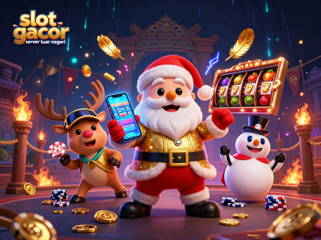 Spin and win at slot gacor server luar negeri with festive characters in a vibrant casino scene.