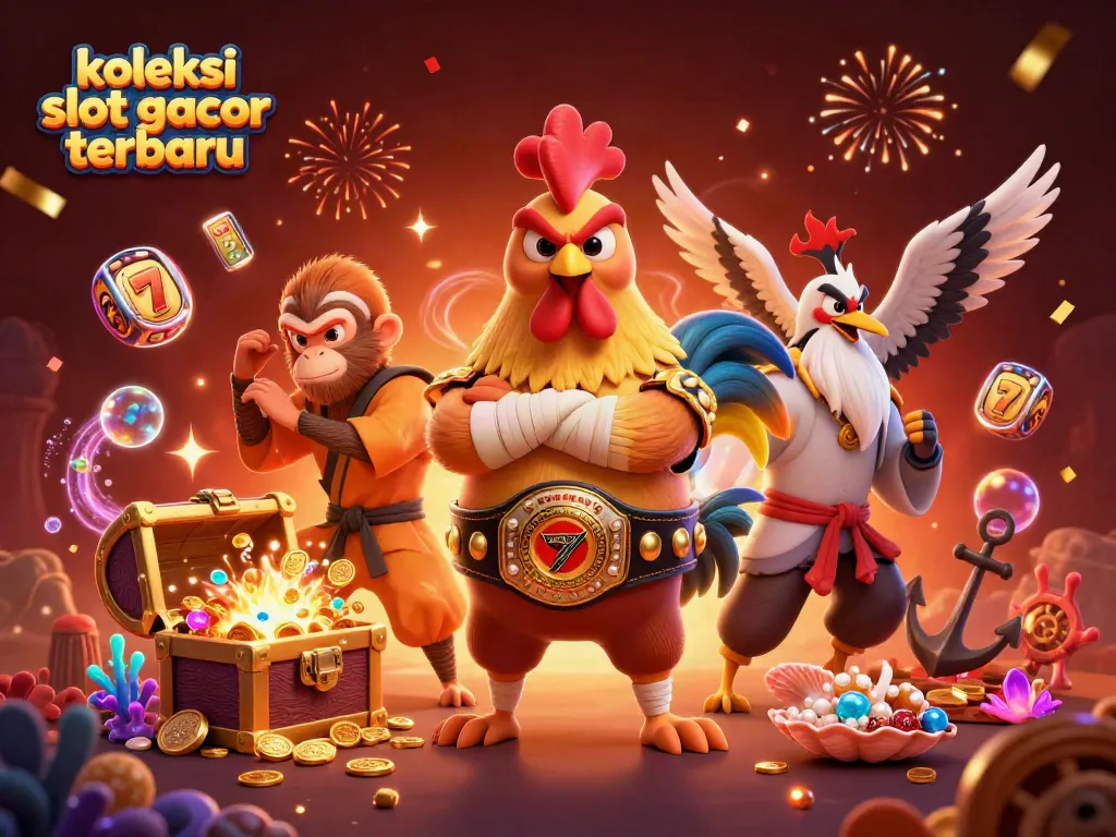 Menyajikan koleksi slot gacor terbaru, setiap mesin slot berkilau dikelilingi oleh karakter 3D menarik.
