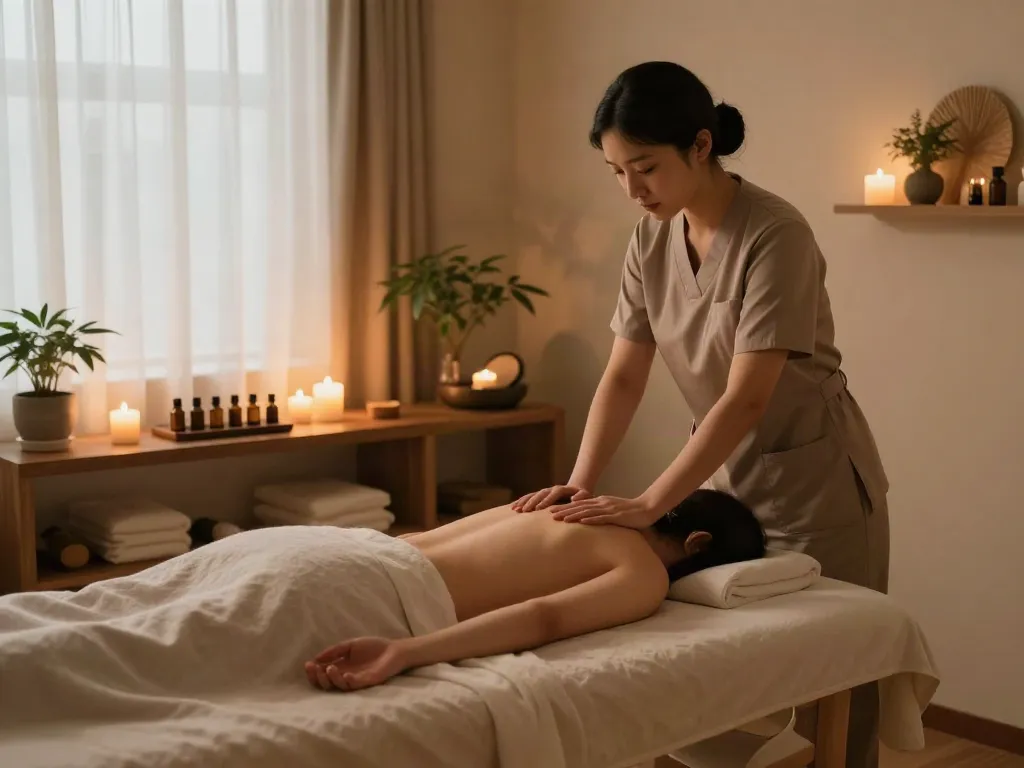 Relaxing 구의동출장마사지 therapy room with calming ambiance and essential oils.