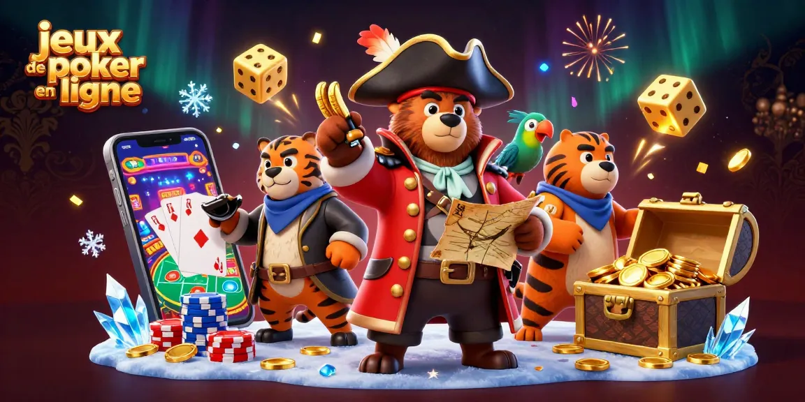 Jouez à des jeux de poker en ligne sur une illustration d'un ours pirate avec des amis et des éléments de casino.