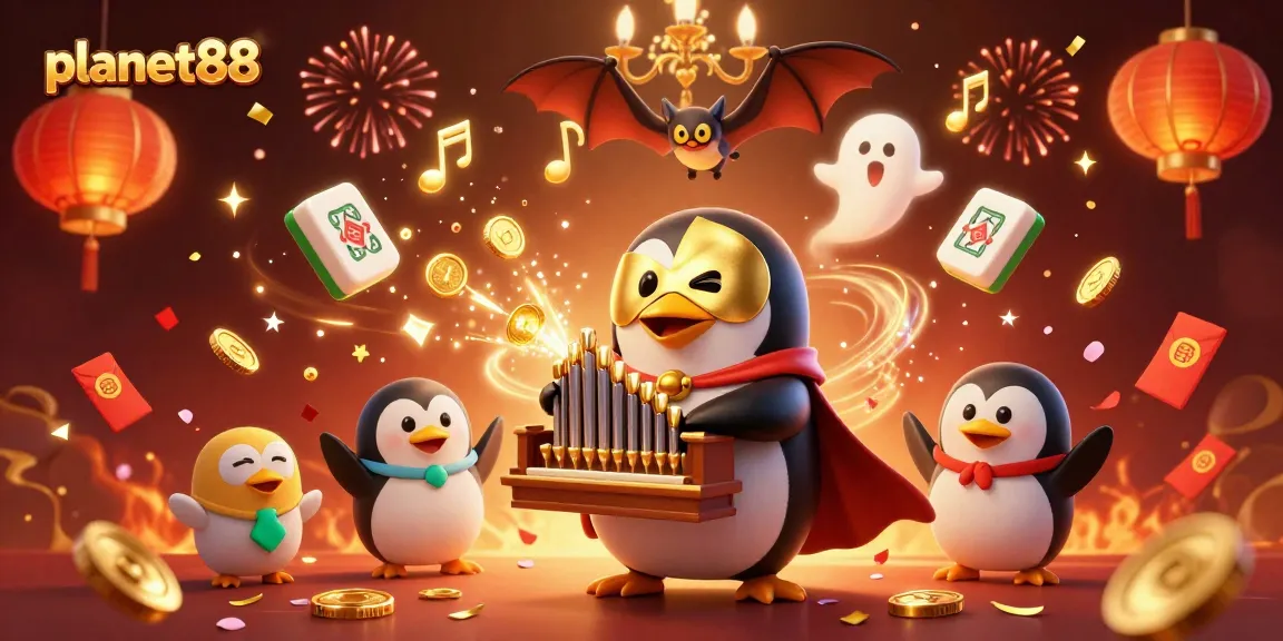 Win at planet88 with a casino-themed scene featuring penguins, golden coins, and festive elements.