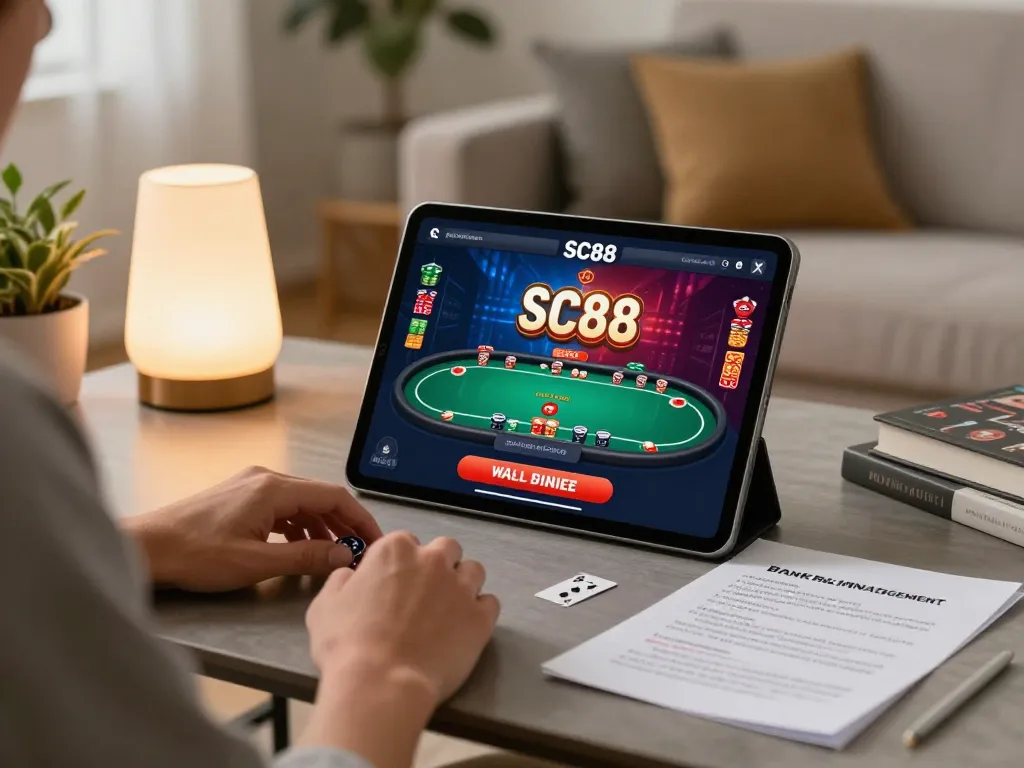 Player utilizing the SC88 app for modern online poker gaming, surrounded by a cozy living room setting.