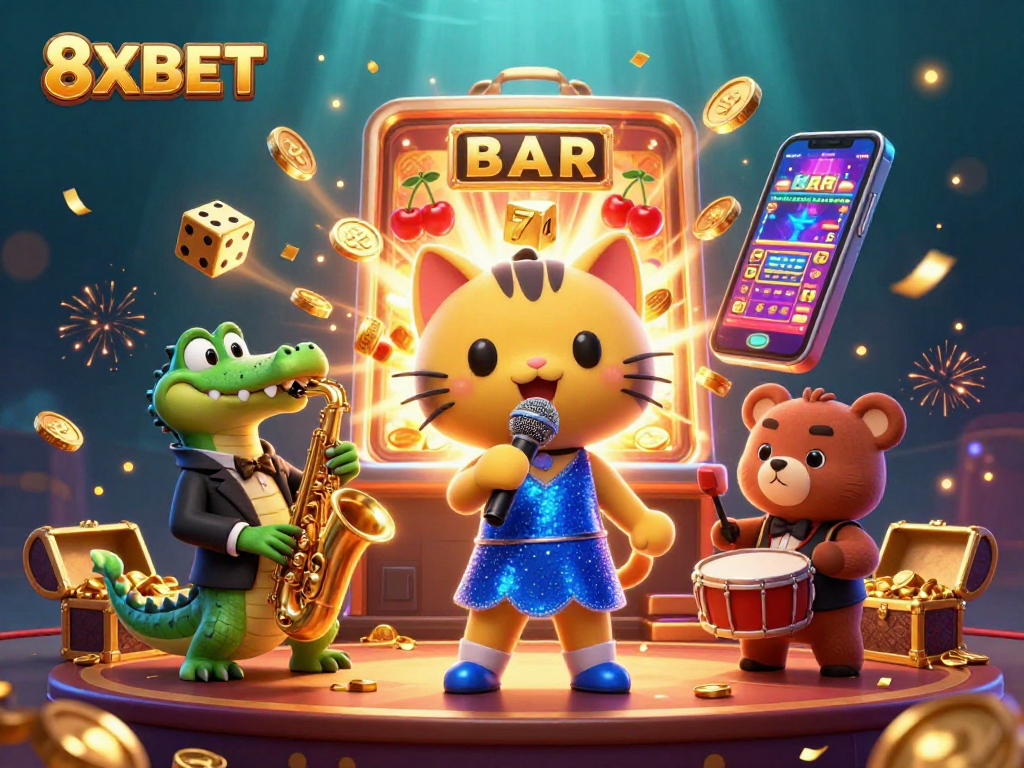 Experience thrilling gameplay with 8XBET's vibrant casino scene featuring a jazzy cat and friends.