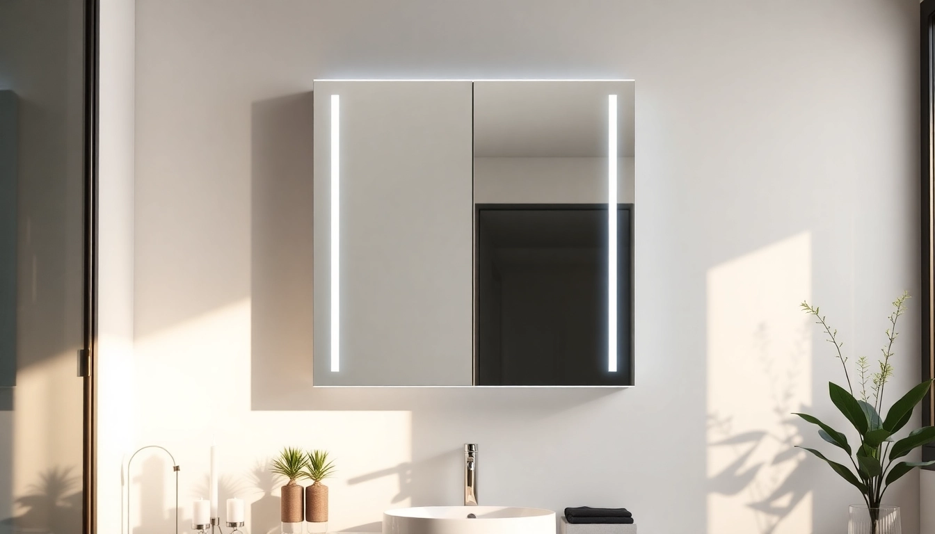 Highlighting a stylish bathroom cabinet with mirror and light, featuring integrated LED lights in a modern setting.
