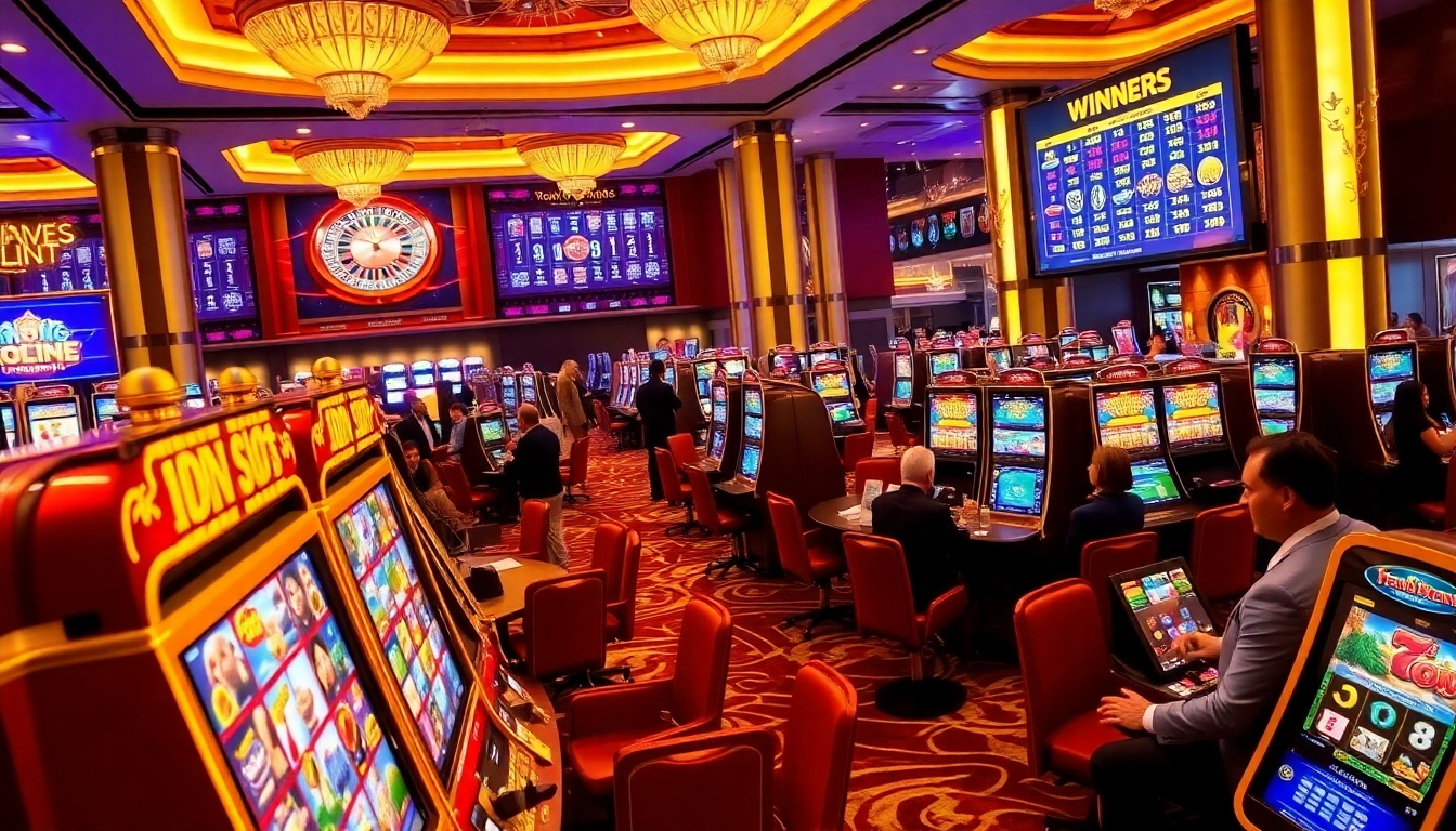 Players enjoying the excitement of the idnslot experience on colorful slot machines in a luxurious casino.