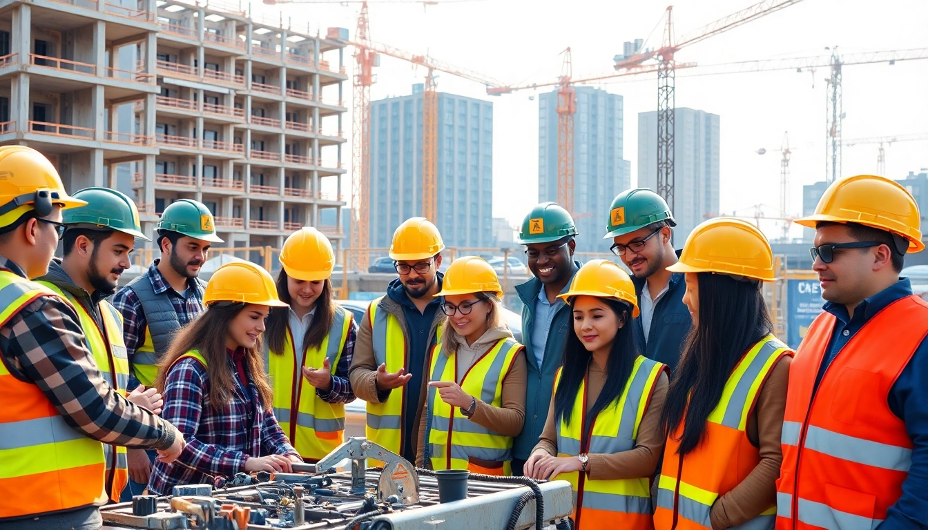 Engaging construction training programs with diverse trainees collaborating on a busy site.