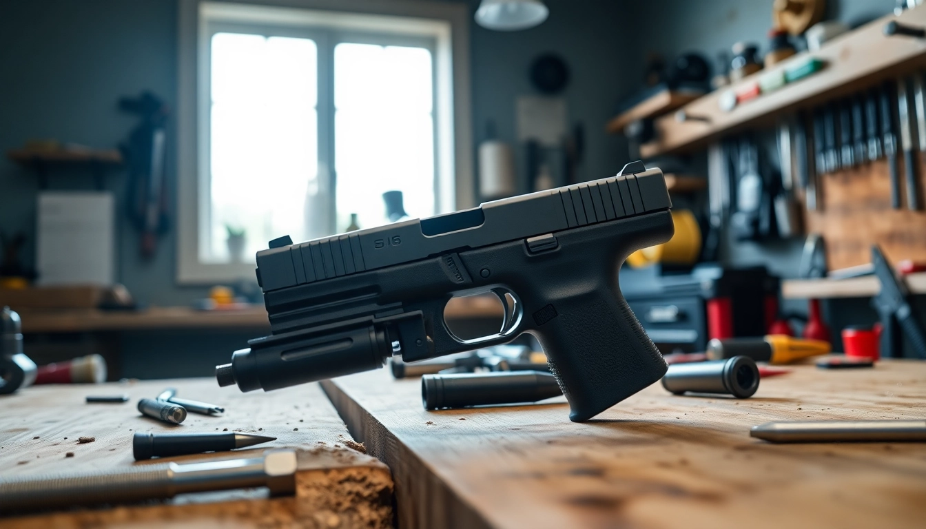 Showcasing a high-quality glock 19 slide in detail with precision craftsmanship in a workshop setting.
