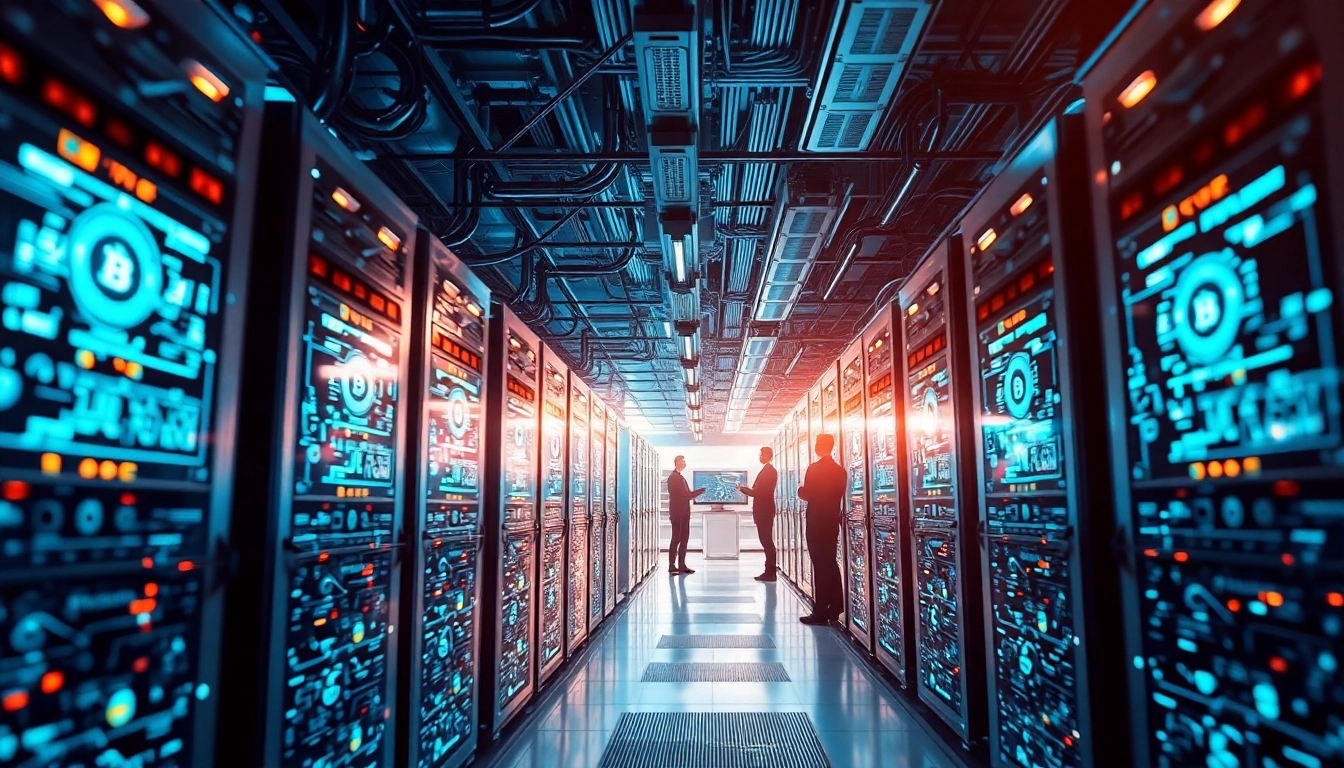 Advanced bitcoin mining facility with ASIC miners and digital analytics screens.