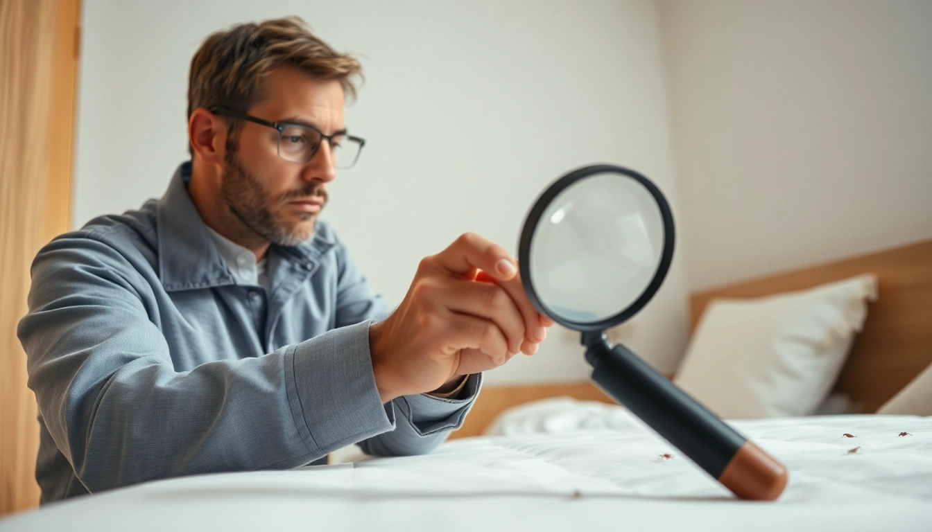 Assessing bed bug exterminator cost through professional inspection of a bedroom.