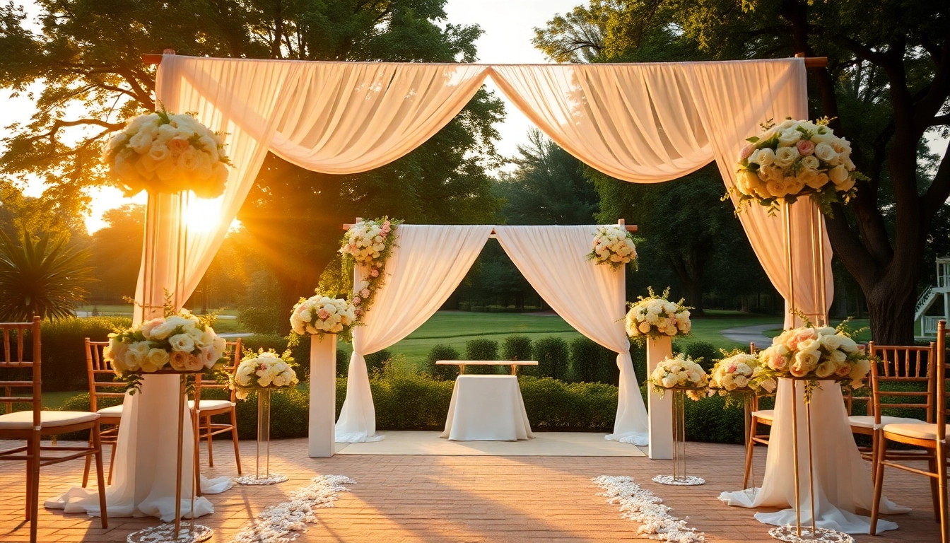 Stunning outdoor ceremony at a Jacksonville Wedding Venue with elegant decor and sunset lighting.