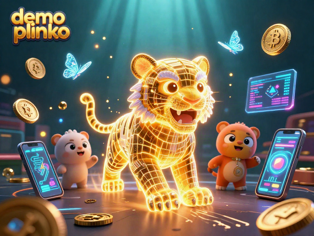 Play demo plinko with a golden tiger and crypto elements in a vibrant casino scene.