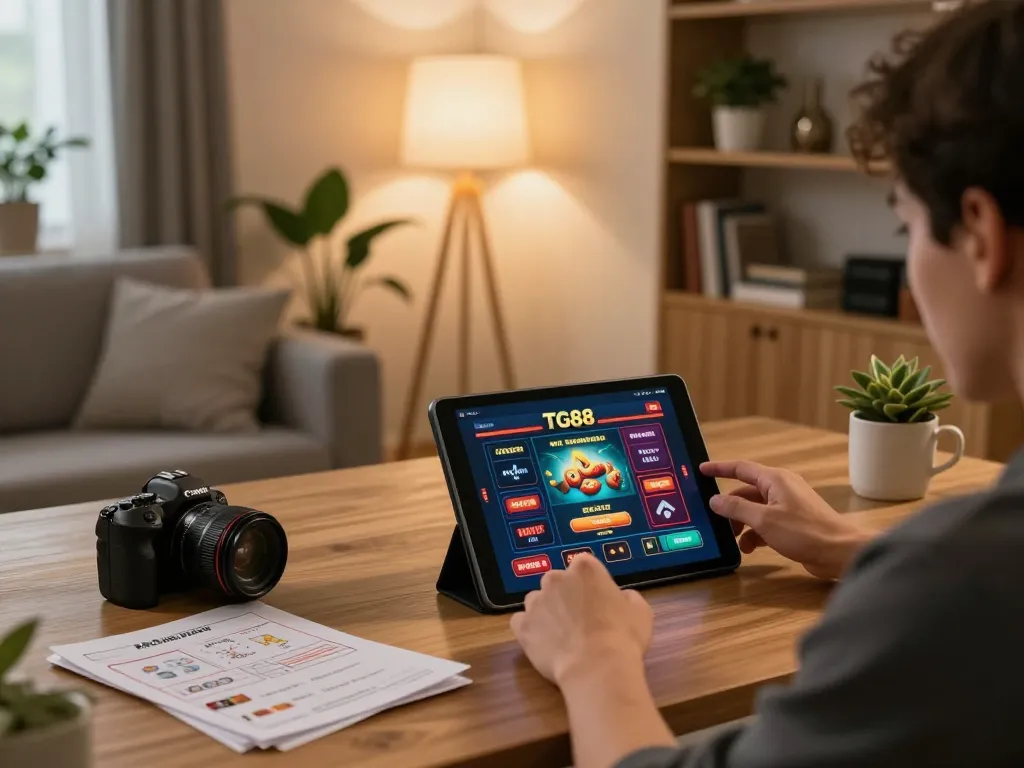 Player engaging with the TG88 online casino interface on a tablet in a cozy home setting.