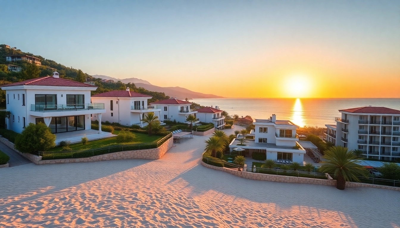 Showcase of luxurious Alanya properties Turkey against a stunning Mediterranean sunset.