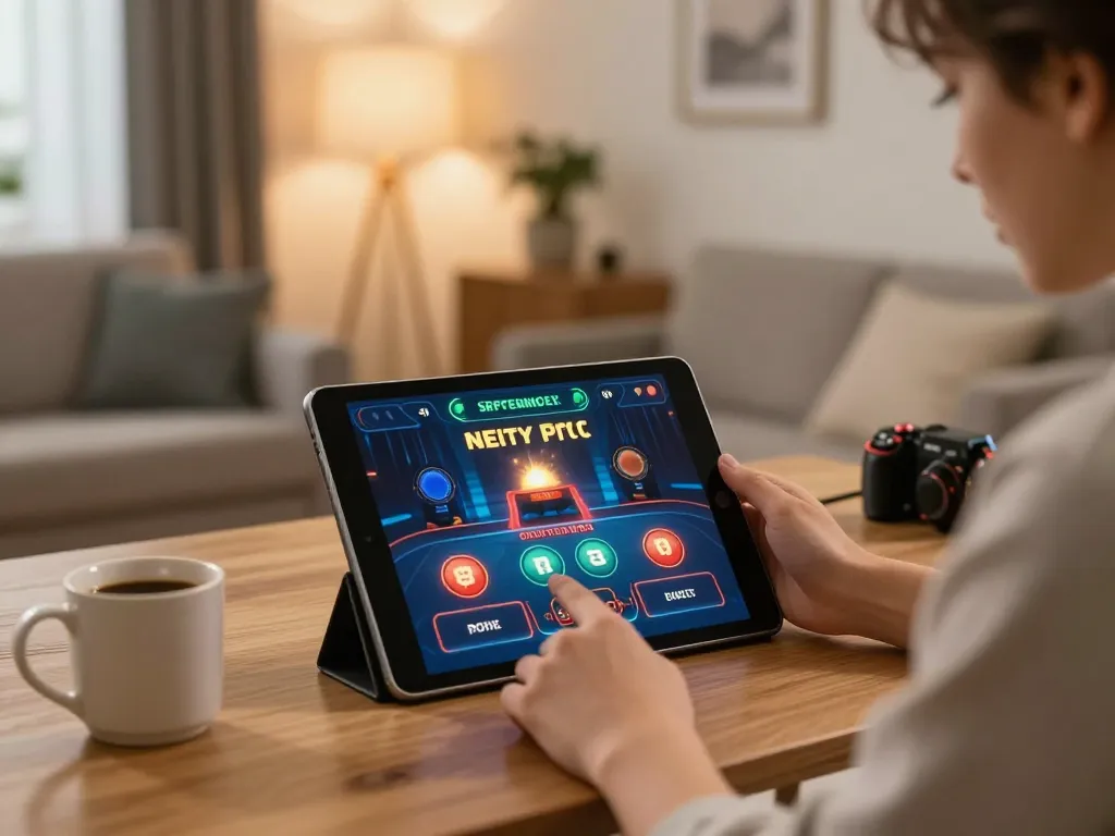 Engaging in online gambling through a tablet, showcasing casino online esteri interaction in a cozy home setup.
