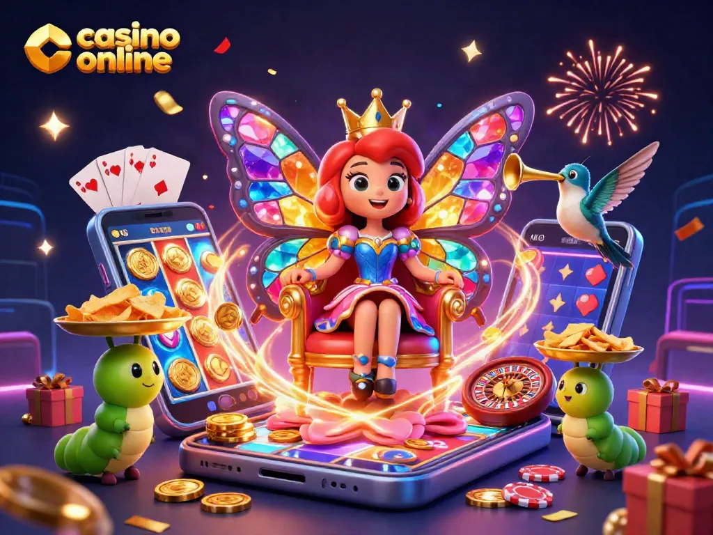 ¡Gana en casino online con la reina mariposa rodeada de juegos y felicidad!
