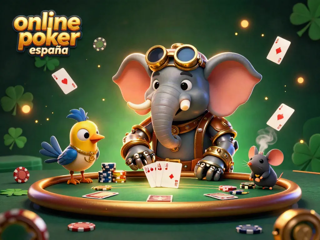 Juega al póker online en España con una mesa de póker llena de fichas y cartas en un entorno dinámico y detallado.