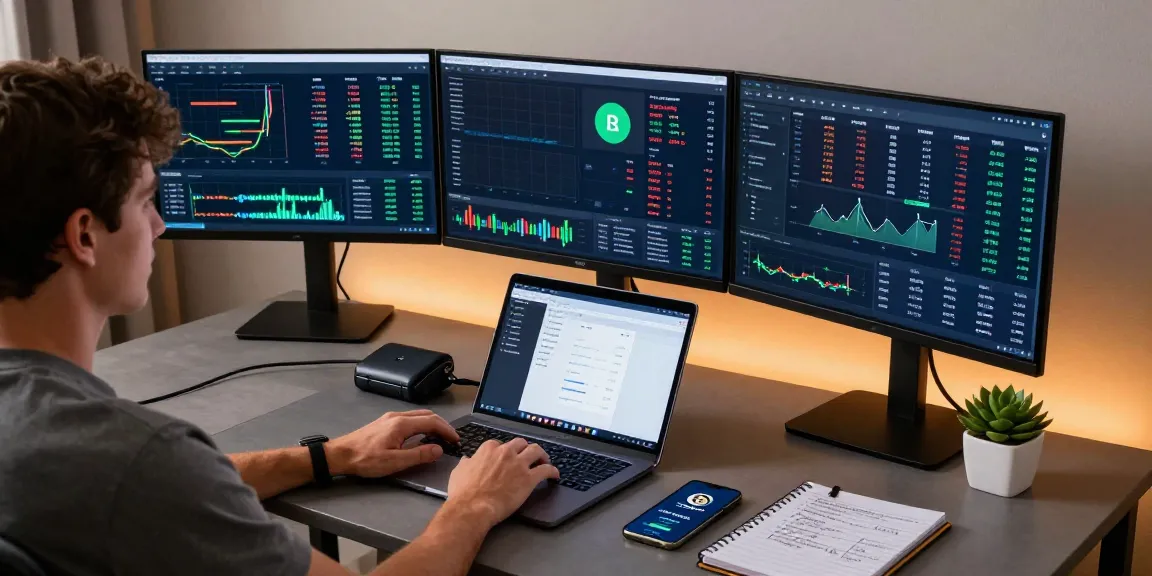 Cloud mining workspace featuring cryptocurrency charts, DeFi dashboards, and innovative trading technology in a modern office.