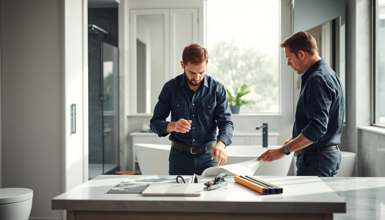 Expert bathroom installers collaborating on a contemporary project in a bright, modern setting.