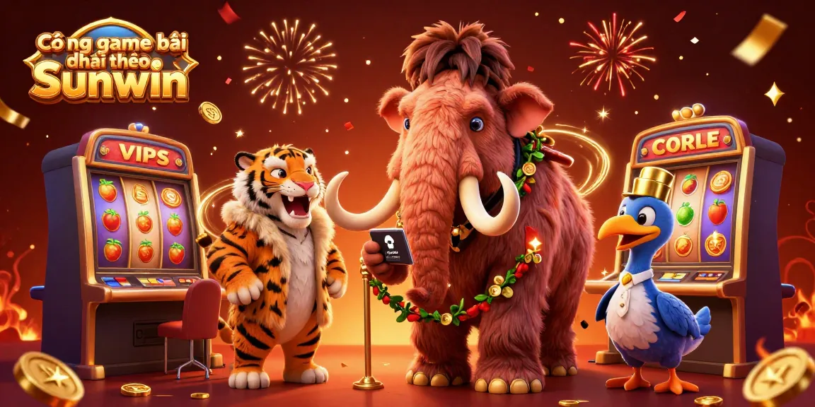 Cổng game bài đổi thưởng Sunwin showcases a vibrant 3D scene with a woolly mammoth bouncer ensuring entrance into a lively casino atmosphere.