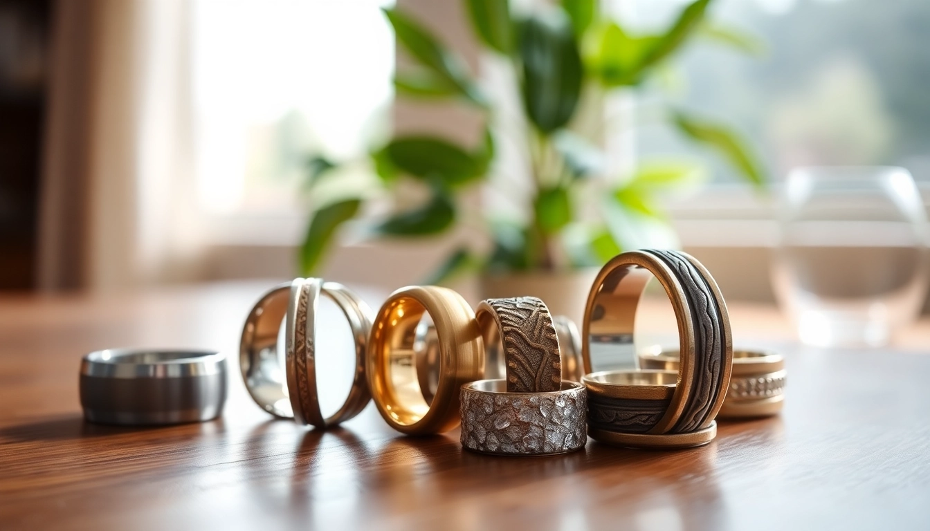Showcase of Unique Wedding Bands for Men featuring diverse materials and designs.