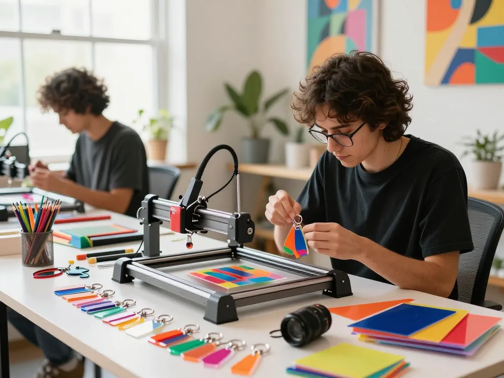 Custom acrylic keychain maker designing vibrant keychains in a creative workspace