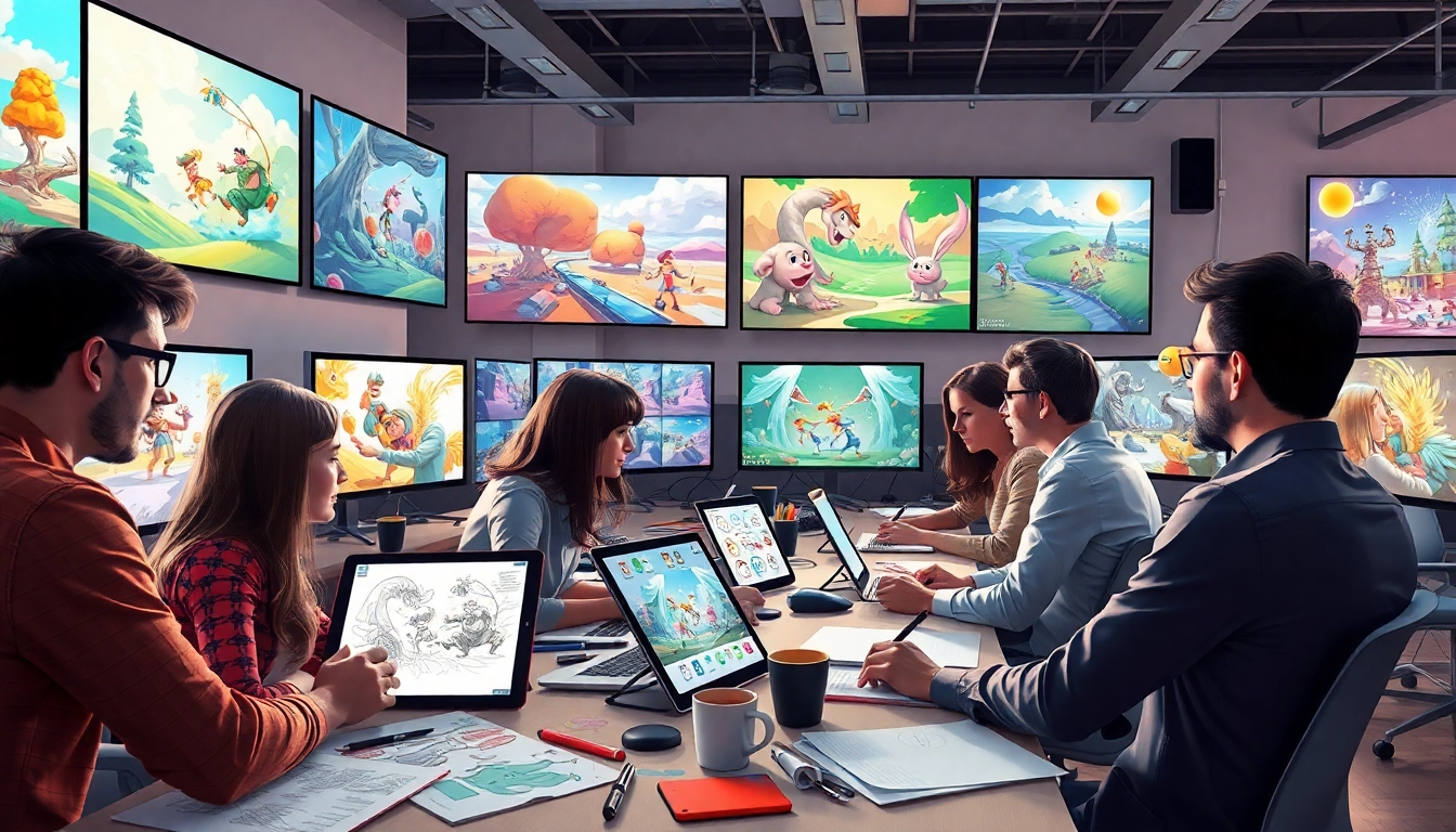 Animation Erstellen von digitalen Animatoren in einem lebendigen Studio mit kreativen Zeichnungen.