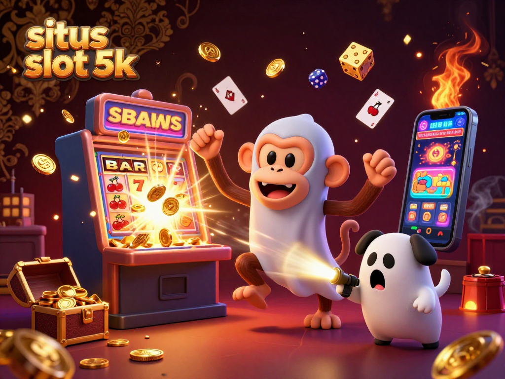 Engage with situs slot 5k in this vibrant casino illustration of a poltergeist monkey and ghost-hunter puppy.