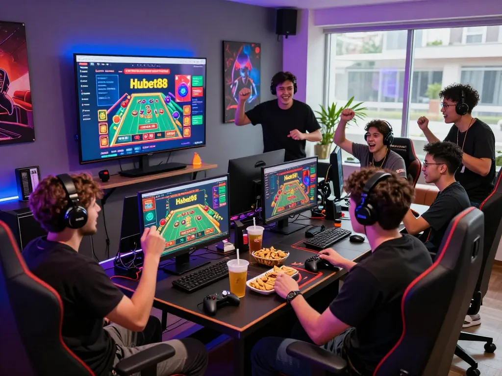 Engaged gamers enjoying Hubet88 gaming platform with vibrant lights