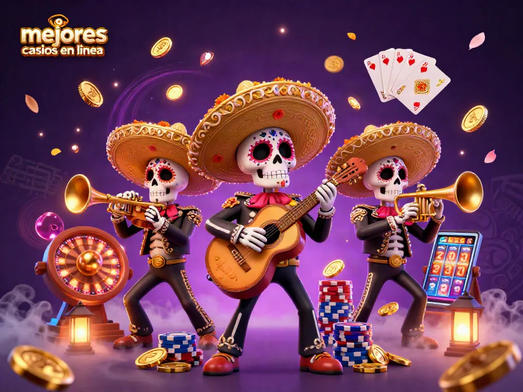 Ilumina tu experiencia en los mejores casinos en línea con una banda de mariachi esqueleto.
