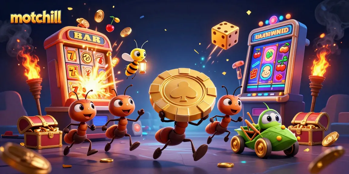 Experience thrilling gameplay with motchill's vibrant cartoon heist scene featuring ants and casino elements.