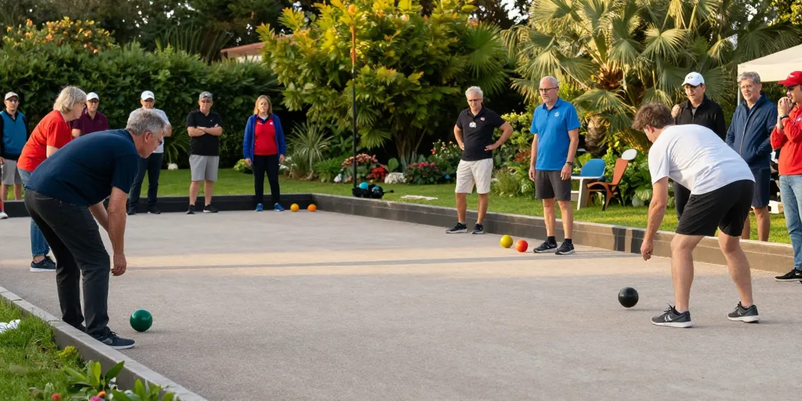Permainan petanque di lapangan fopikotabalikpap.org dengan peserta beragam usia, suasana kompetitif dan ceria.