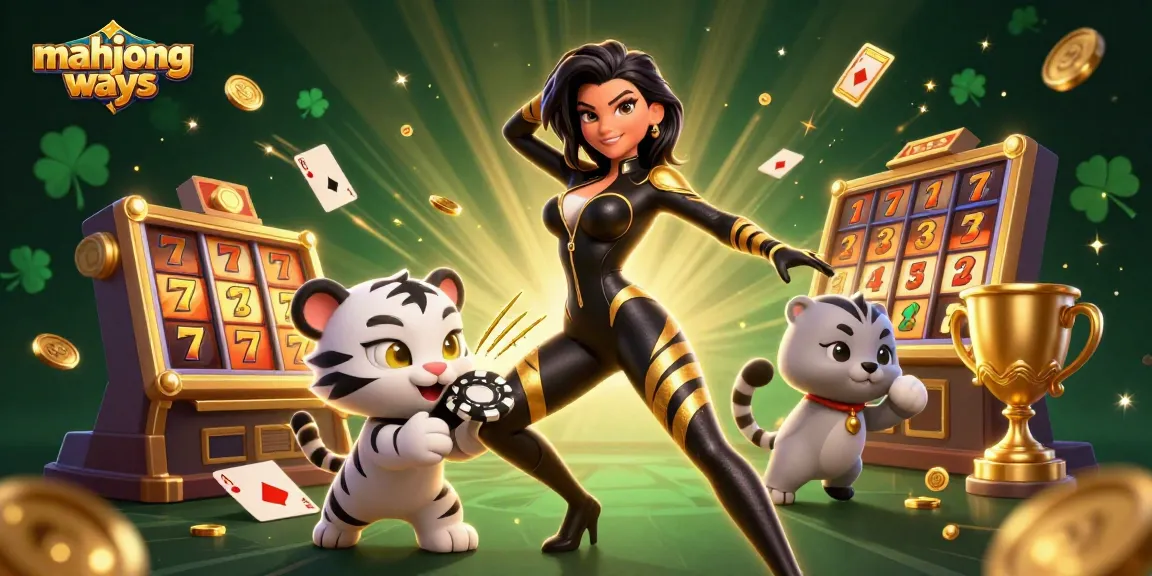 Engage in mahjong ways action with a stunning 3D illustration of a woman in a catsuit, slot game elements, and dynamic light effects.