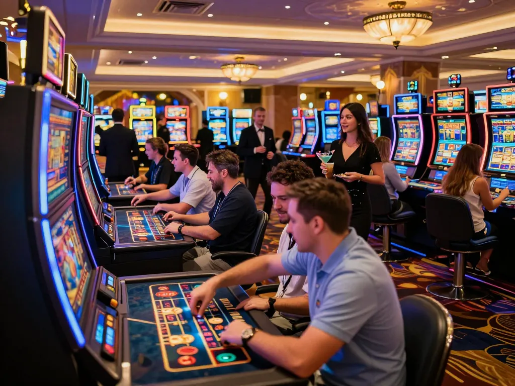 Players celebrating wins while playing at c168 casino floor slot machines, vibrant ambiance