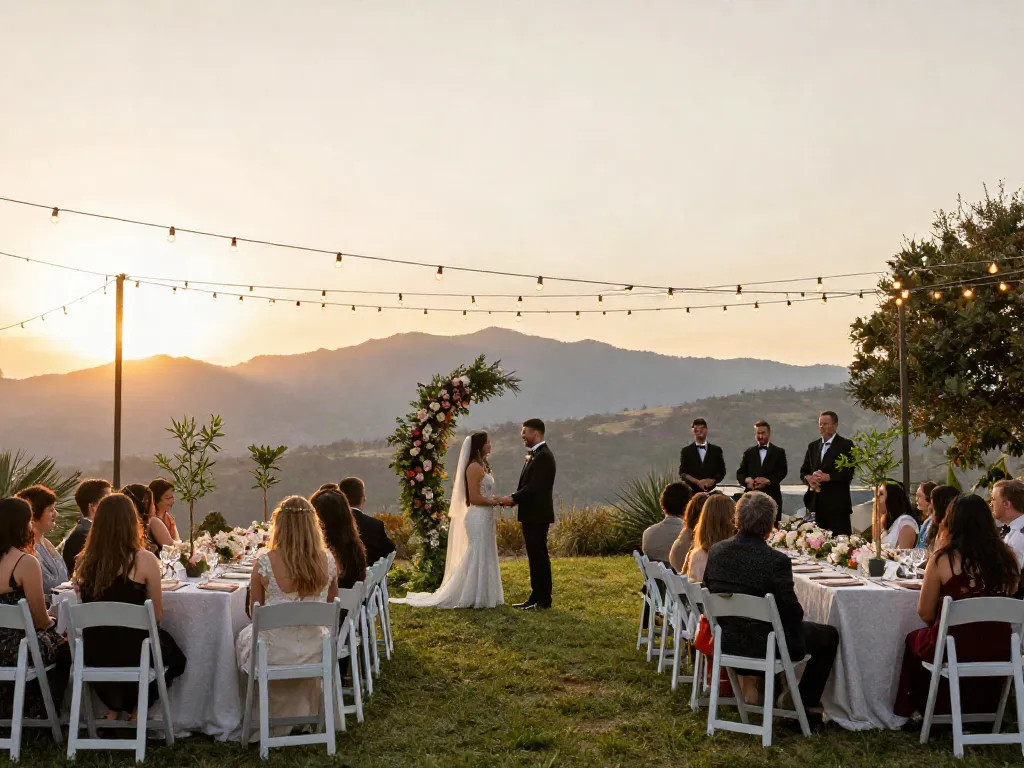 Event rentals at an elegant outdoor wedding venue featuring a couple exchanging vows under a floral arch.