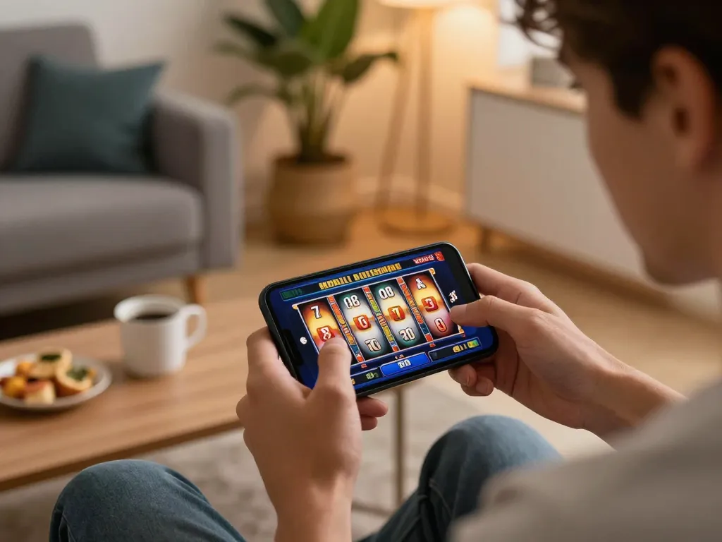 Player enjoying mobile slots with ROKOK 88 interface in modern living room setting