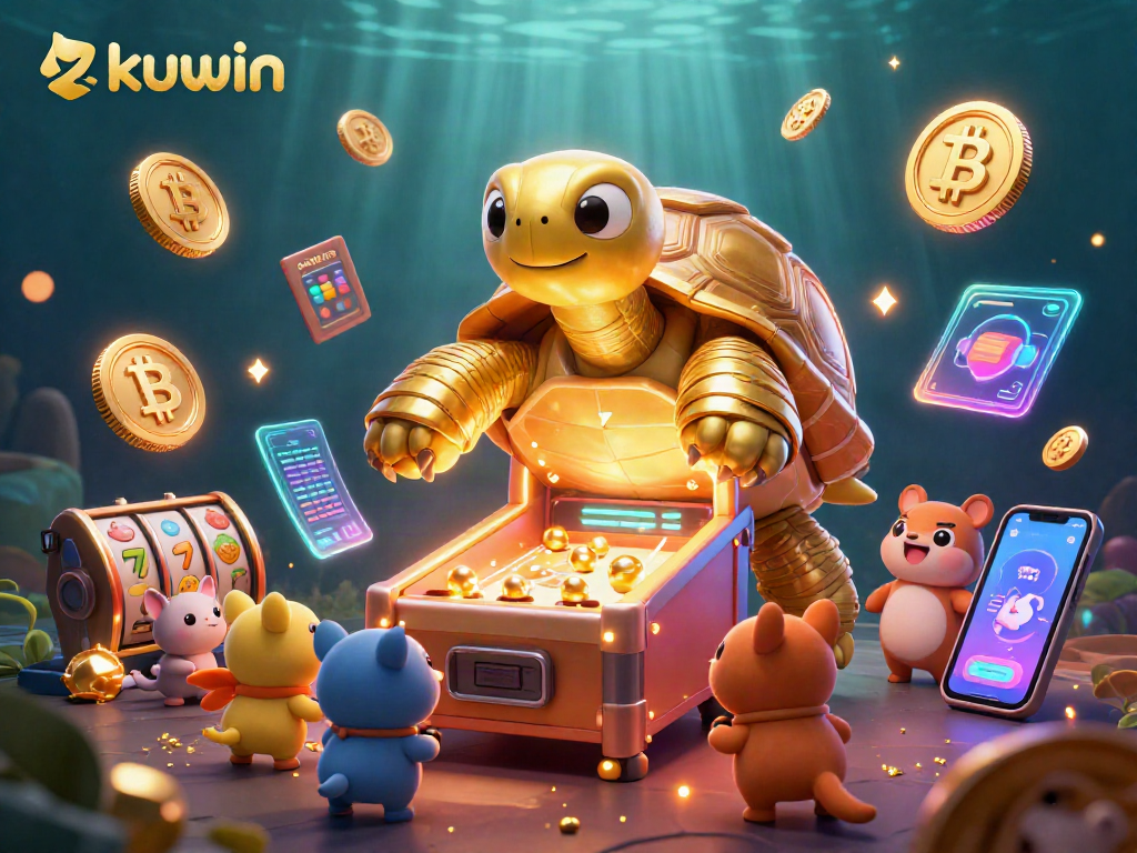 Kuwin's vibrant casino scene showcases a colossal gaming tortoise with pinball features surrounded by excited animals.