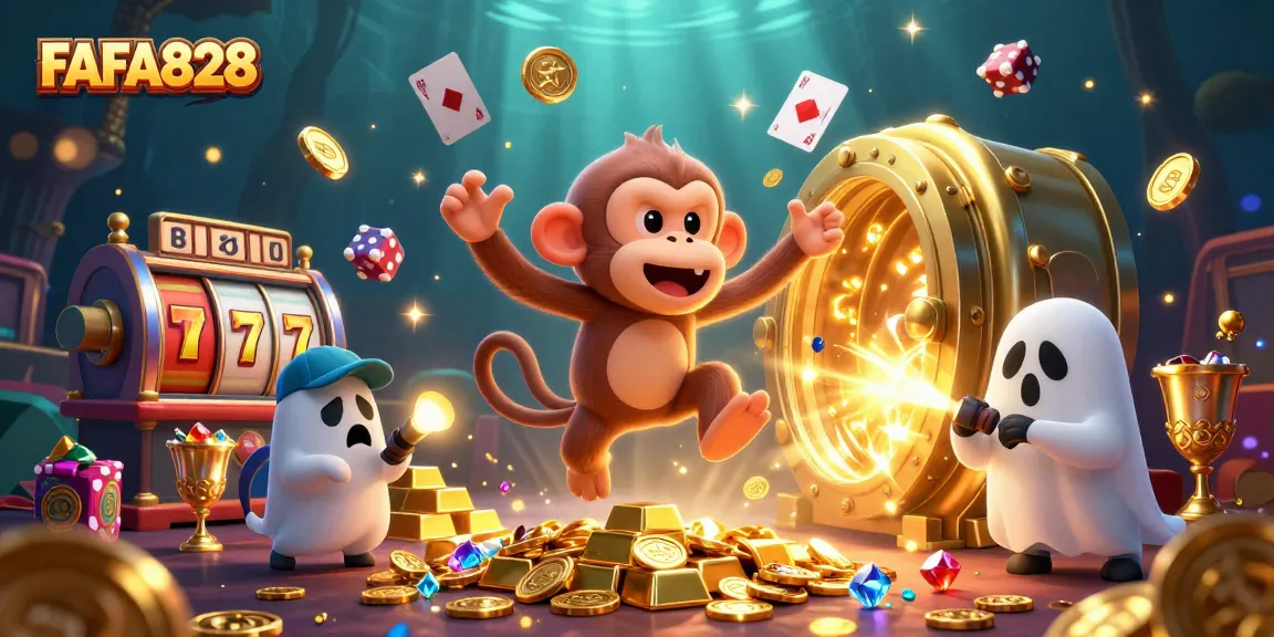 FAFA828 slot adventure with a ghostly monkey juggling treasures and a puppy detective.
