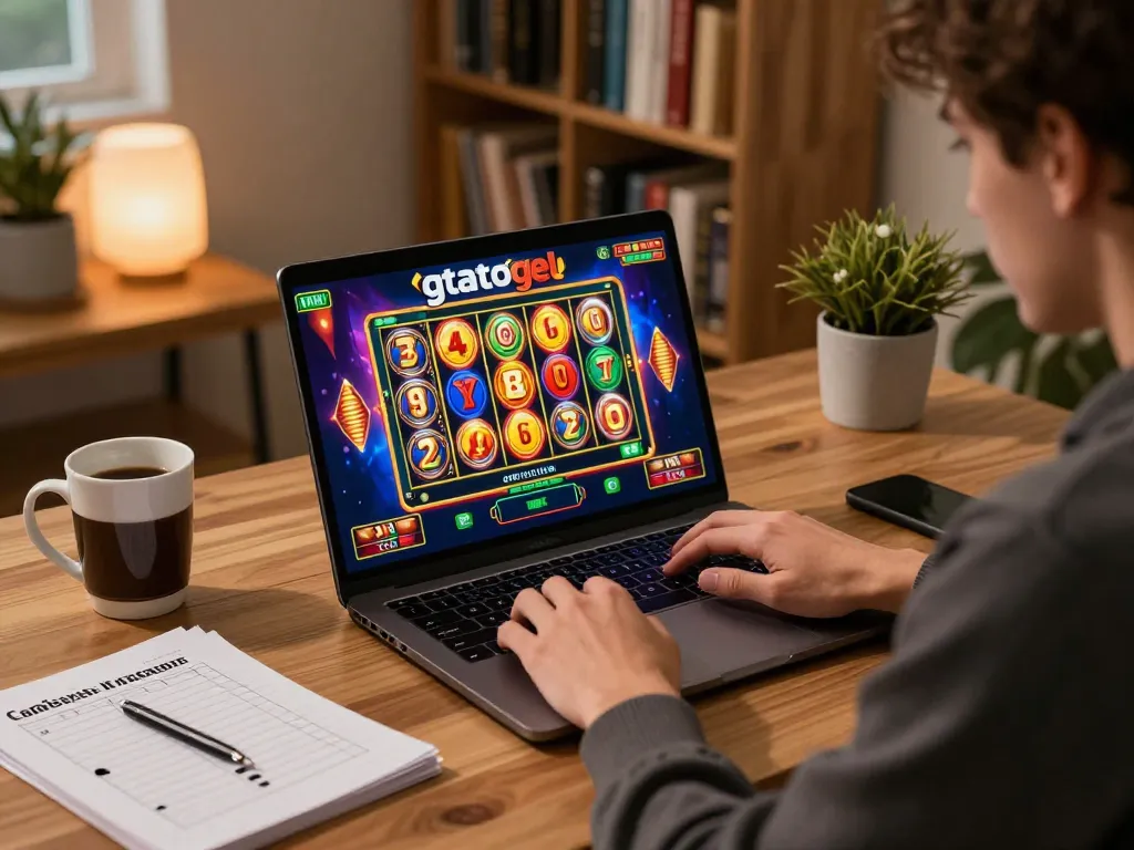 Player enjoying an online slot game on gtatogel from a cozy home office.