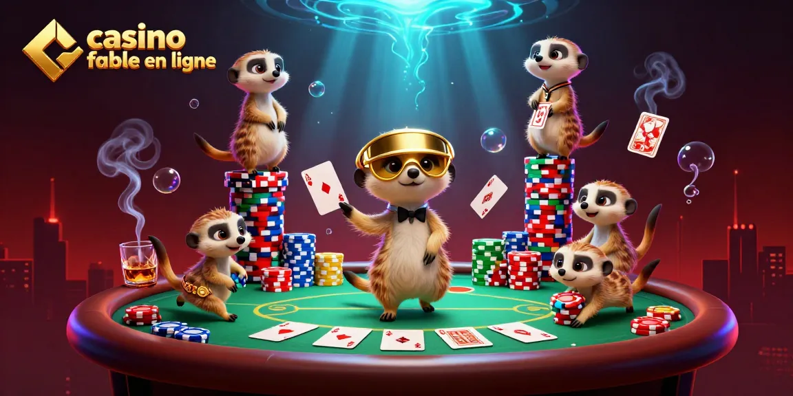 Casino fiable en ligne avec des suricates gérant un casino, tables de poker, et jetons colorés.