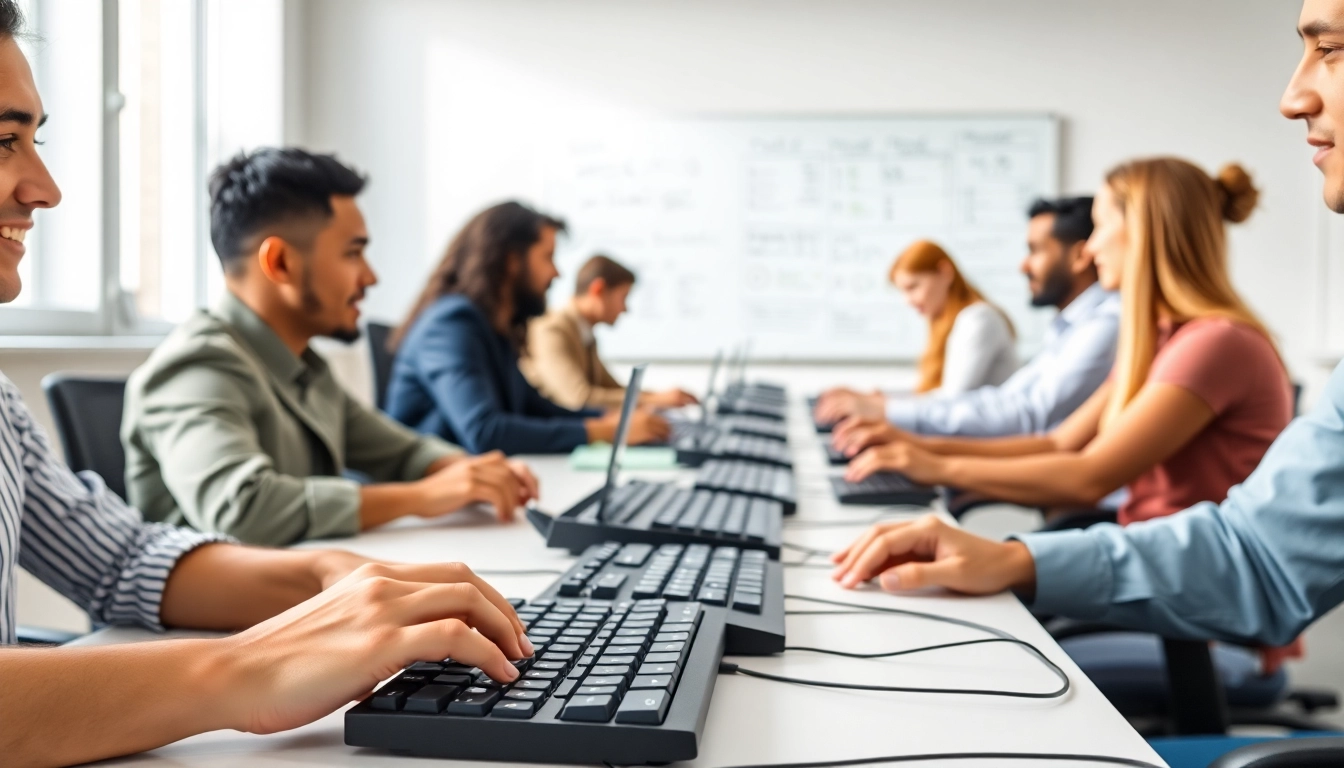 Individuals collaborating at a typing center, showcasing modern workspaces and diverse keyboard styles.