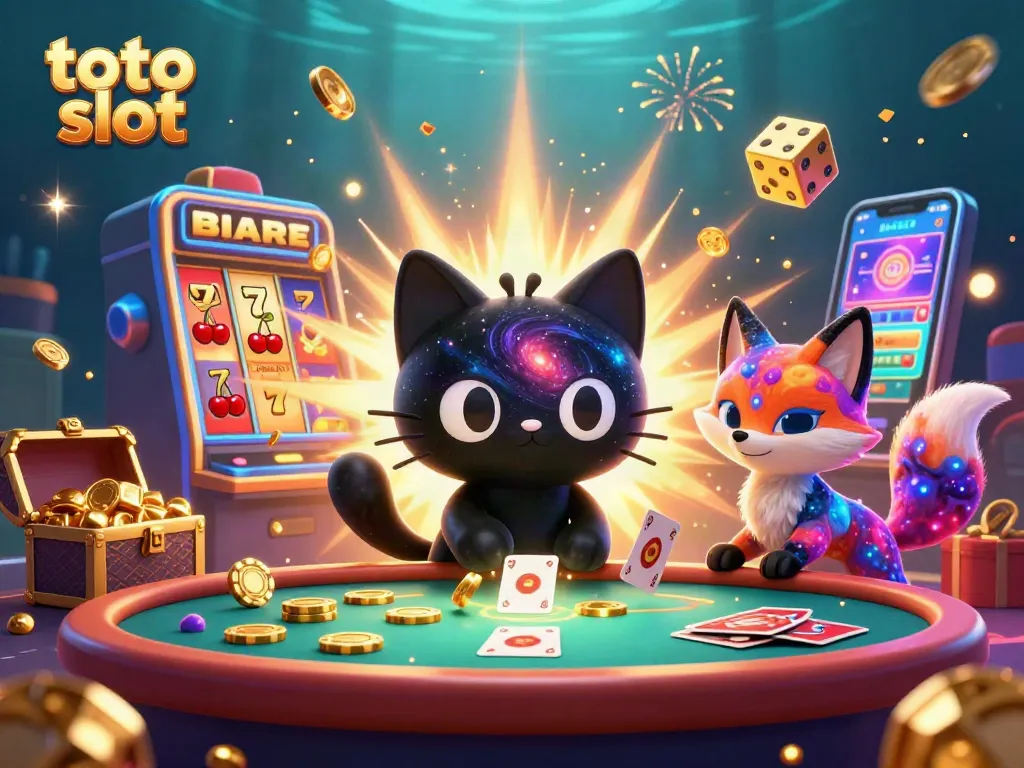 Win big at toto slot with a cosmic black hole cat drawing in chips and cards in vibrant colors.