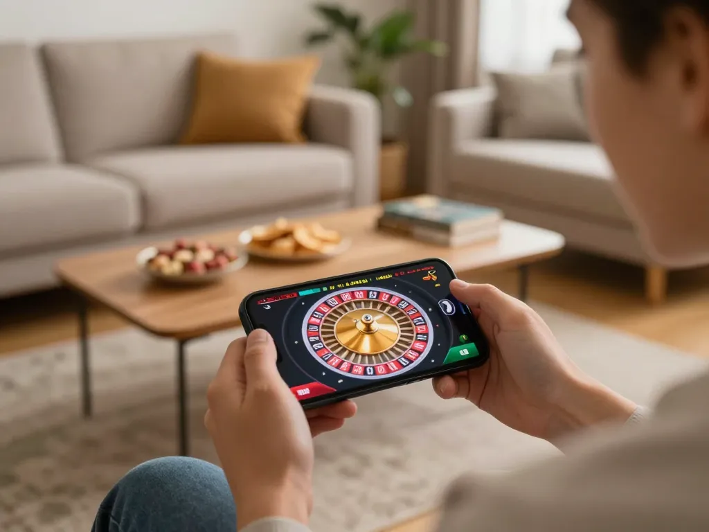 Engaging in mobile gaming at home with MB88, showcasing roulette excitement in a cozy setting