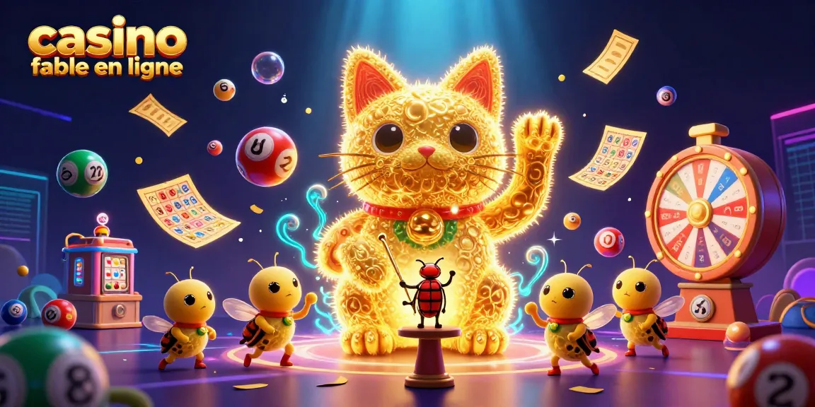 Découvrez le casino fiable en ligne illustré par un chat porte-bonheur entouré de symboles de jeux dynamiques.