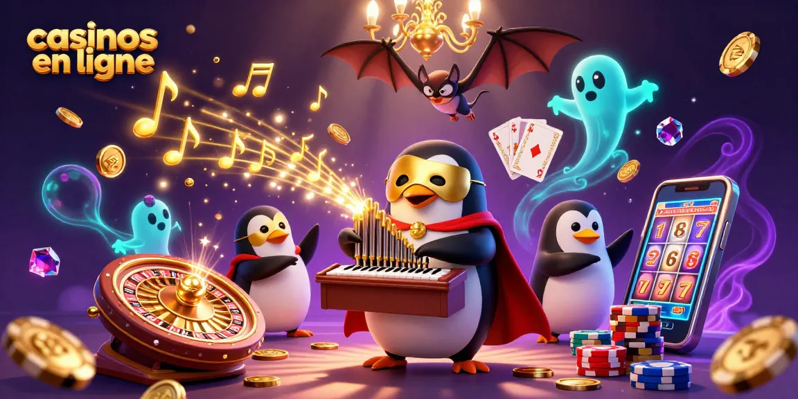 Les casinos en ligne captivants avec un pingouin fantôme jouant de l'orgue entouré de pièces d'or.