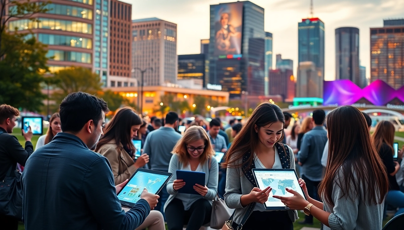 Engaging edmonton social media marketing scene in bustling city park.