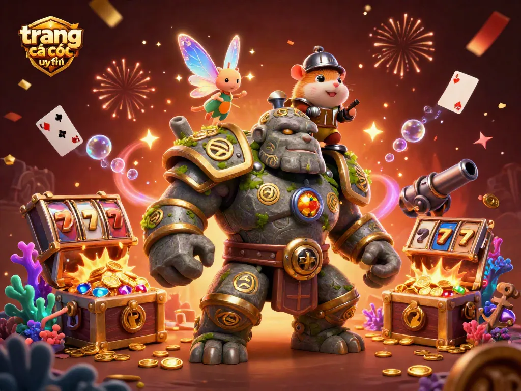 Khám phá trang cá cược uy tín với hình ảnh 3D sống động biểu diễn golem, tiên nữ và hiệp sĩ.