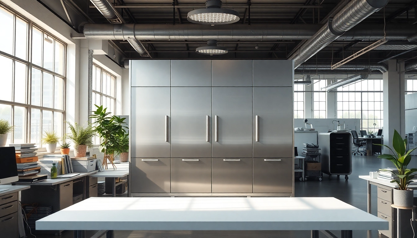 Organized steel cabinet enhancing workspace efficiency and style.