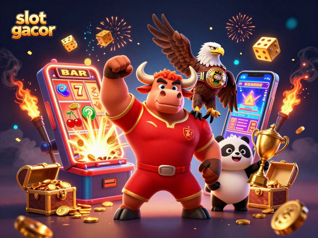 Experience thrilling slot gacor wins with an exciting jackpot scene and characters celebrating victory.