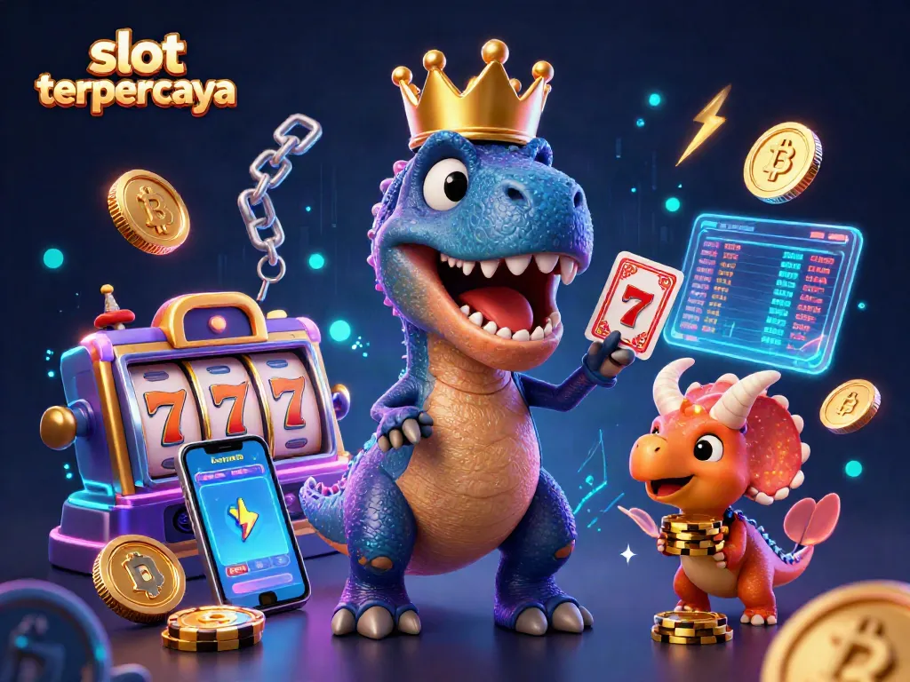 Menangkan jackpot di slot terpercaya dengan karakter T-Rex bermahkota sambil mengocok kartu.
