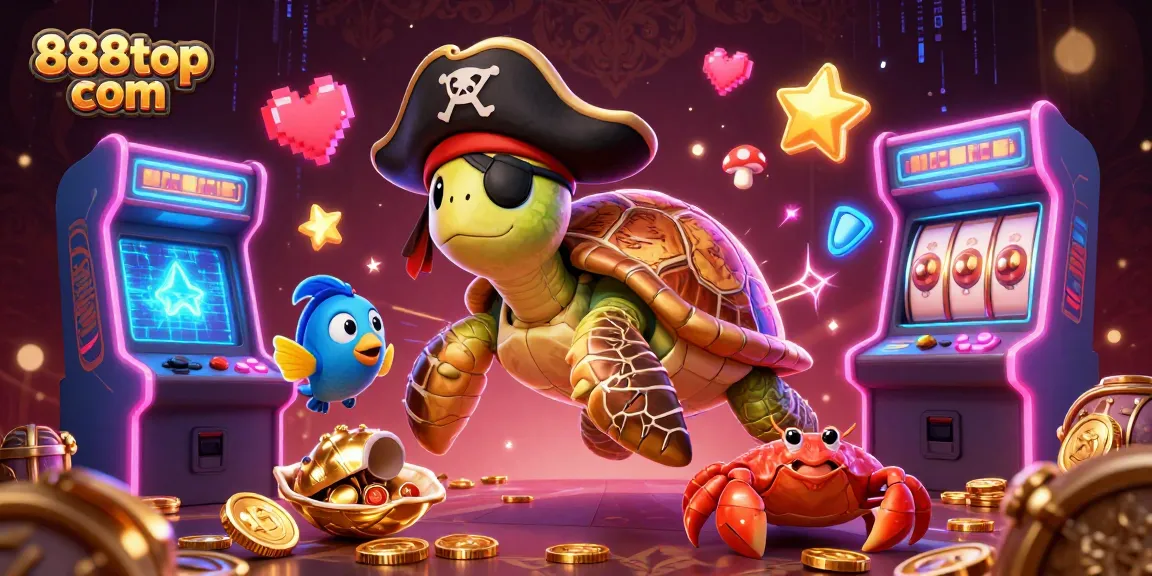 Engage with thrilling gameplay at 888top com as the pirate turtle and friends celebrate above casino treasures.